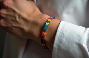 Close-up of an arm with an LGBT symbol Bracelet. Rainbow bracelet. LGBT Pride month. A non-binary person photo