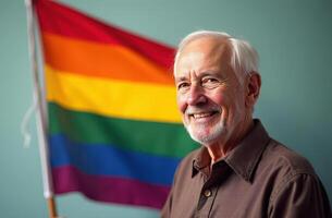 Elderly man smiling with pride flag against blue background celebrating diversity and inclusion. Rainbow flag . LGBT Pride month . photo