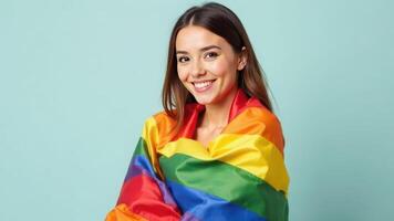 Smiling woman wrapped in rainbow pride flag on light blue background photo