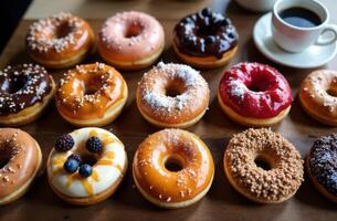 Assorted donuts and coffee on wooden table - colorful glazed treats with various toppings and flavors photo