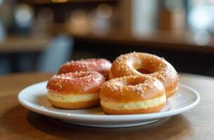 Delicious glazed donuts on a white plate in a cozy cafe setting. fat Thursday photo