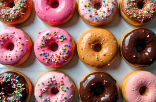 Doughnut Day USA, fat Thursday. Colorful donuts with sprinkles, laid out in rows on a white background. pastry shop or bakery photo