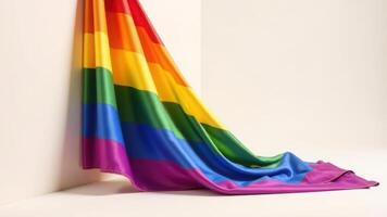 Rainbow flag . LGBT Pride month . Vibrant rainbow fabric draped elegantly against minimalist background photo