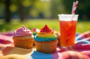 Colorful cupcakes and iced tea on picnic blanket in sunlit park setting. Rainbow flag . LGBT Pride month . photo