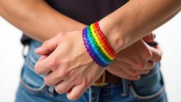 Close-up of hands wearing rainbow bracelet symbolizing lgbtq pride and equality photo