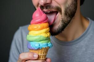 Colorful rainbow ice cream cone enjoyed by bearded man in casual attire. Rainbow flag . LGBT Pride month . photo