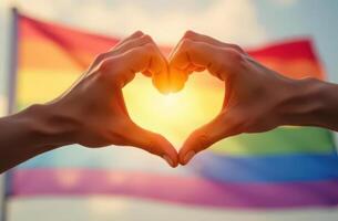 Symbol of love and equality. hands forming heart in front of rainbow flag against sunlit sky . Rainbow flag . LGBT Pride month . photo