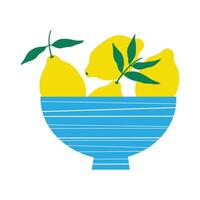 Vase with lemons on isolated background. Flat illustration bunch of lemon fruits, harvest, food, Mediterranean motif, lemonade. Design element for card, decor, print, paper. Hand drawn graphic vector