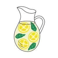 Cold drink with Lemon slices and mint leaf in glass pitcher on isolated background. Flavoured water, homemade Lemonade, summer refreshing drinking. Flat food illustration for design, menu, card, icon vector