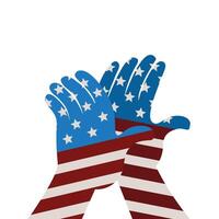 Two hands with USA flag giving high five, clapping palms icon. Americans hands, greeting gesture of victory. Happy 4th July American Independence Day. Flat illustration on isolated background vector