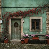 Rustic Green Facade with Red Berries photo