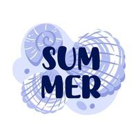 illustration showcases the word summer, elegantly surrounded by stylized seashells and playful bubbles, all set against a serene light blue color scheme, evoking a refreshing coastal vibe. vector