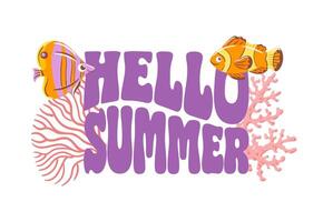 A vibrant illustration featuring colorful coral reefs and lively fish, accompanied by groovy lettering that captures the essence of summer. This design embodies the joy of ocean life and vector