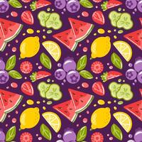 This vibrant illustration showcases a delightful assortment of colorful fruits, including watermelon, lemon, lime, and grapefruit. The playful and refreshing pattern brings a lively summer vibe vector