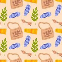 This seamless pattern features trendy fabric shoppers alongside stylish sunglasses, flip-flops, sunscreen, and sandy textures, capturing the essence of sunny beach days and summer fun in a vibrant vector