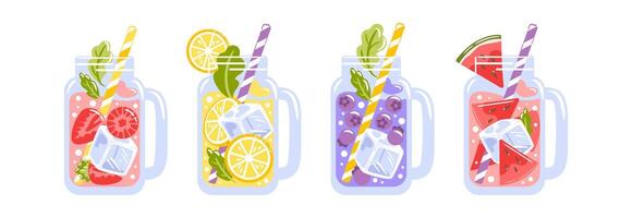 A illustration showcasing four colorful jars filled with refreshing drinks. Each jar is topped with a delightful mix of fruits and garnishes, ideal for summer refreshment. vector