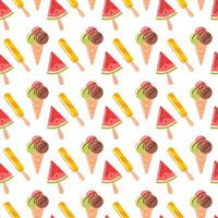 A seamless pattern featuring colorful ice cream cones with watermelon and various fruity flavors. This vibrant design captures the essence of summer fun, bringing a joyful and playful atmosphere to vector