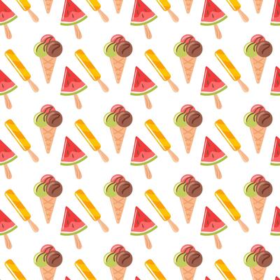 A seamless pattern featuring colorful ice cream cones with watermelon and various fruity flavors. This vibrant design captures the essence of summer fun, bringing a joyful and playful atmosphere to