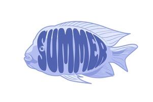 illustration of a stylized fish with the word summer integrated into its body, using a blue color scheme with white accents. For banners, stickers, design elements vector