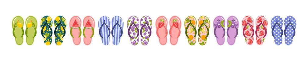 This vibrant illustration features a playful assortment of cartoon flip-flops adorned with a variety of patterns, including cheerful fruits, beautiful flowers, and classic polka dots, perfect vector