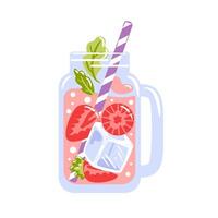 Refreshing strawberry lemonade in a clear glass mug, garnished with berry slices and mint leaves, with ice cubes, served with a colorful straw. Perfect for a hot summer day. vector