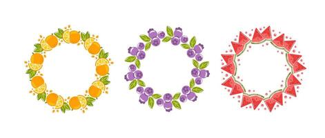 Three round frames creatively designed with vibrant oranges, juicy blueberries, and fresh watermelon slices. This colorful composition adds a playful and refreshing touch, perfect for summer-themed vector