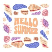 A vibrant illustration featuring a variety of colorful seashells and sea creatures arranged around the text HELLO SUMMER, celebrating the joys of summer and the ocean. vector