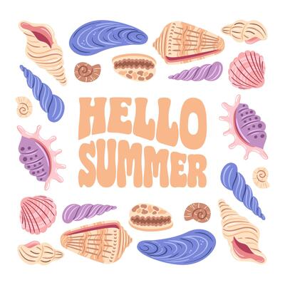 A vibrant illustration featuring a variety of colorful seashells and sea creatures arranged around the text HELLO SUMMER, celebrating the joys of summer and the ocean.