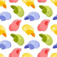 This illustration showcases a playful pattern featuring various stylish caps. The diverse designs and colors create a vibrant and trendy aesthetic, making it perfect for fashion lovers and vector