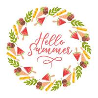 This illustration features a delightful circular frame composed of watermelon ice cream, fruity elements, and colorful scoops in waffle cones, capturing the playful essence of summer and sweet vector