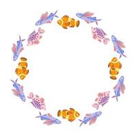 illustration featuring a circular frame filled with graceful flying fish and charming clownfish. The design combines vibrant colors and playful details, evoking a sense of ocean wonder. vector