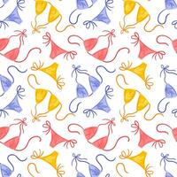 This seamless pattern features a vibrant collection of colorful bikinis, showcasing various styles and patterns. Perfect for summer themes, it radiates playful energy and captures the essence of beach vector