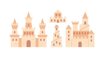 A whimsical illustration of a collection of sandcastles complete with intricate designs. This playful set captures the essence of summer fun and creativity at the beach. vector
