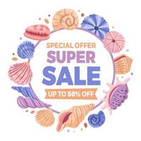 A vibrant summer sale banner featuring colorful seashells, evoking the beach vibes and warmth of the season. Perfect for attracting attention to sales and promotions. Celebrate summer in style vector