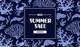 A horizontal banner for a summer sale featuring a vibrant blue pattern of coral and shells, creating a fresh and lively coastal vibe, perfect for attracting attention to seasonal promotions and offers vector