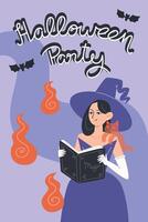 Flat Style Halloween Poster Featuring a Witch Reading a Spellbook and a Ghost vector