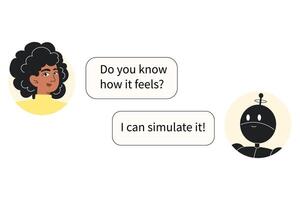 Young woman chatting with AI about emotions. Artificial intelligence says it can simulate feelings. Flat style illustration of human-AI conversation vector