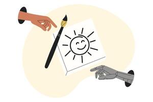 Human hand and AI robotic hand reaching for art and creativity. Concept of artificial intelligence and human expression in flat style. vector