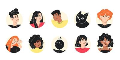 Collection of Flat Style Portraits Featuring Diverse People, an AI Robot, and a Pet Cat vector