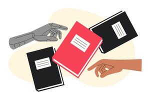 Human and Robot Hands Reaching for Books, Symbolising the Conflict Between Artificial Intelligence and Human Creativity vector