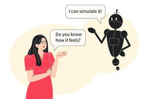 Young woman asks AI about emotions. Artificial intelligence responds it can simulate feelings. Flat illustration vector