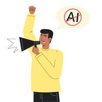 Young Man Protesting Against Artificial Intelligence and Shouting Through a Megaphone, Flat Style Illustration vector