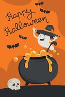 Flat Style Happy Halloween Poster with Ghost in Witch Hat Brewing Potion in a Boiling Cauldron, Ideal for Party Invitations vector