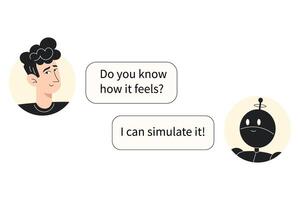 Young man chats with AI about emotions. Artificial intelligence claims it can simulate feelings. Flat illustration of human-AI interaction vector