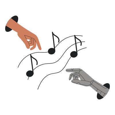 Human and Robot Hands Reaching for Musical Notes, Symbolising the Conflict Between Artificial Intelligence and Human Artistry