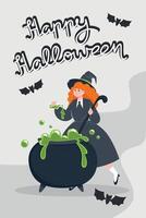 Flat Style Poster Featuring an Evil Laughing Witch and a Boiling Cauldron, Perfect for Halloween Party Invitations. Happy Halloween. vector