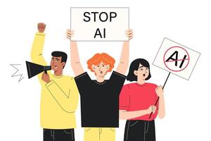 Diverse Group of Men and Women Protesting Against Artificial Intelligence with Signs and a Megaphone vector
