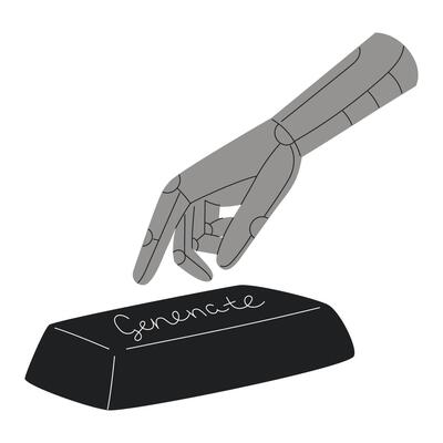 AI robotic hand reaching for generate button. Concept of artificial intelligence and image creation in flat style.