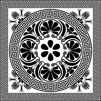 Greek square seamless pattern. Greek key meanders, floral ornaments. Black and white classic Greek square ornament, Ornamental greek key meanders, frames, borders, frames. Ornate greek style