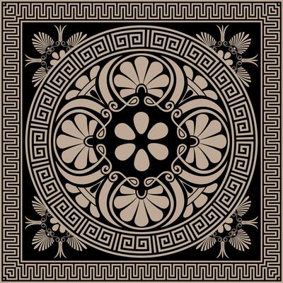 Greek seamless pattern. Greek key meanders, floral ornaments. Golden black classic Greek square ornament, Ornamental greek key meanders, frames, borders, frames. Ornate greek style background.